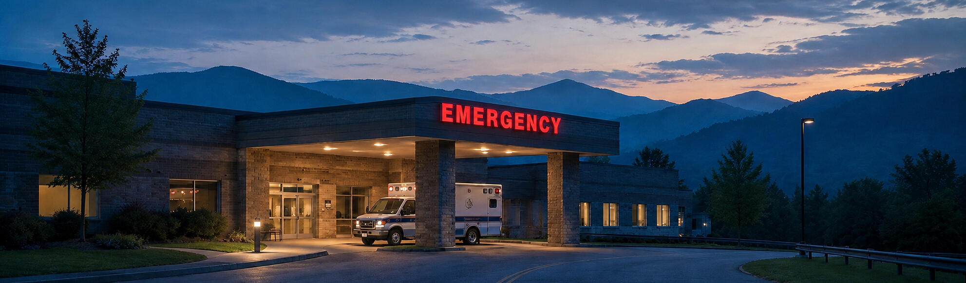 Rural hospital emergency department Emergency department entrance at a rural community hospital at dusk